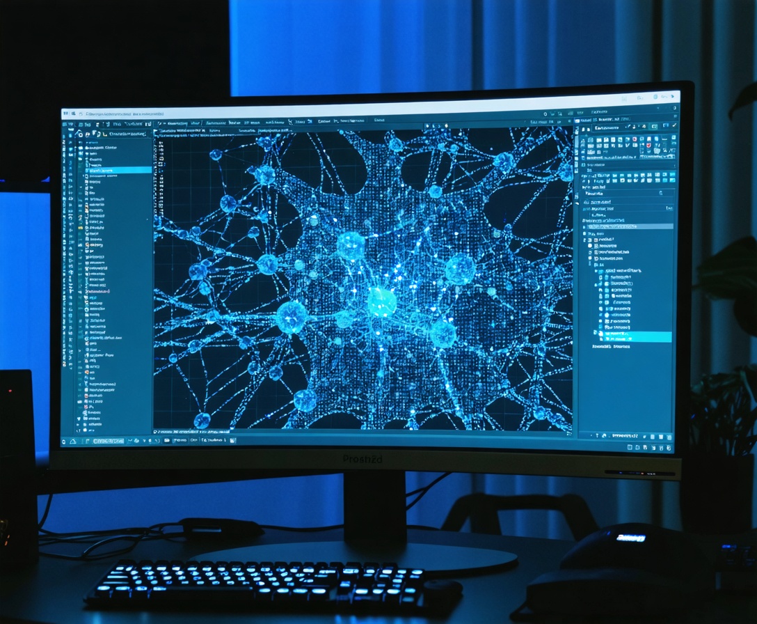 Detailansicht eines hochmodernen neuronalen Netzwerks auf einem Monitor im KI-Labor
