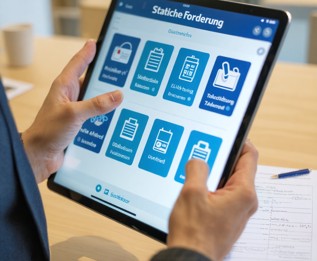 Ein Berater zeigt auf einem Tablet die verschiedenen Optionen für die staatliche Förderung von KI-Kursen auf