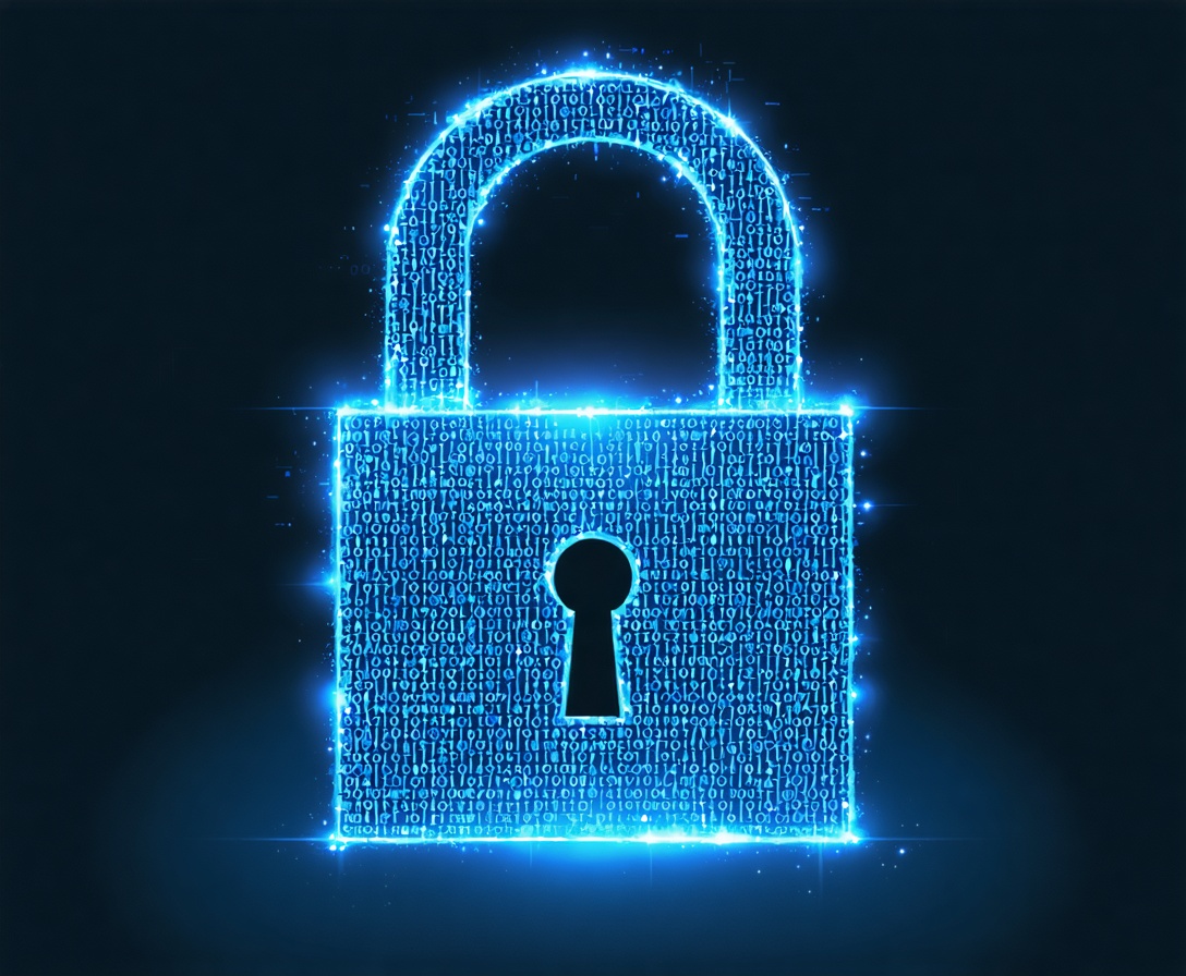 Abstrakte digitale Darstellung eines Schlosses aus binärem Code – Symbol für höchste Datensicherheit